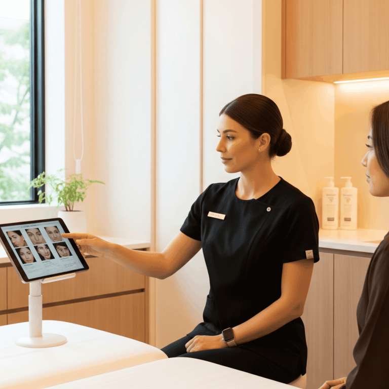 Med spa provider reviewing facial treatment options on tablet with client