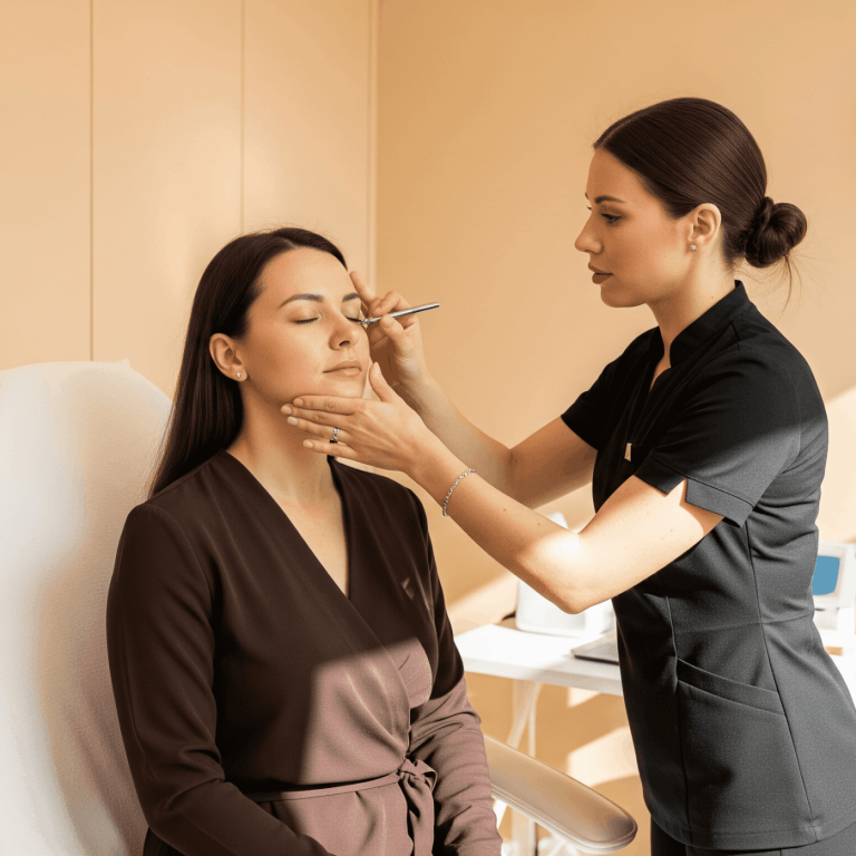 Med spa specialist mapping facial features for aesthetic treatment planning