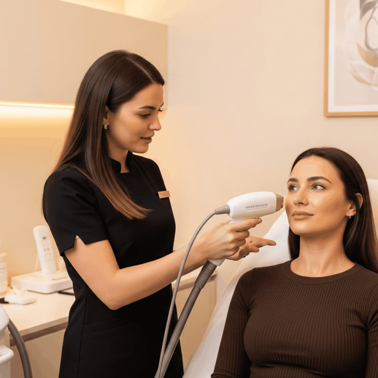 Client receiving non-invasive laser facial treatment at a medical spa