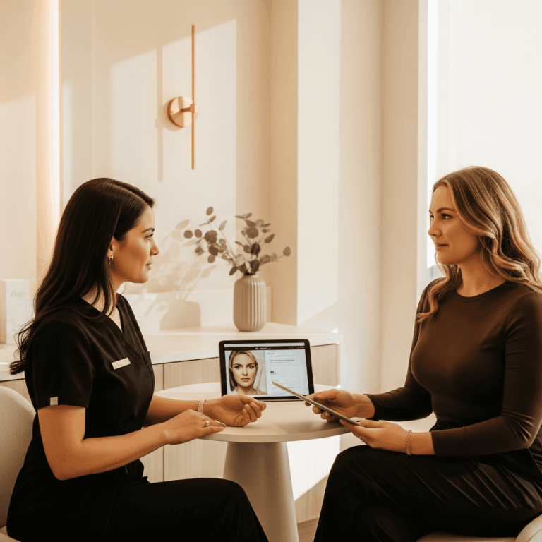 Medical spa consultation between provider and client reviewing treatment options