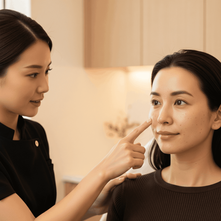 Med spa provider evaluating skin concerns on client’s face