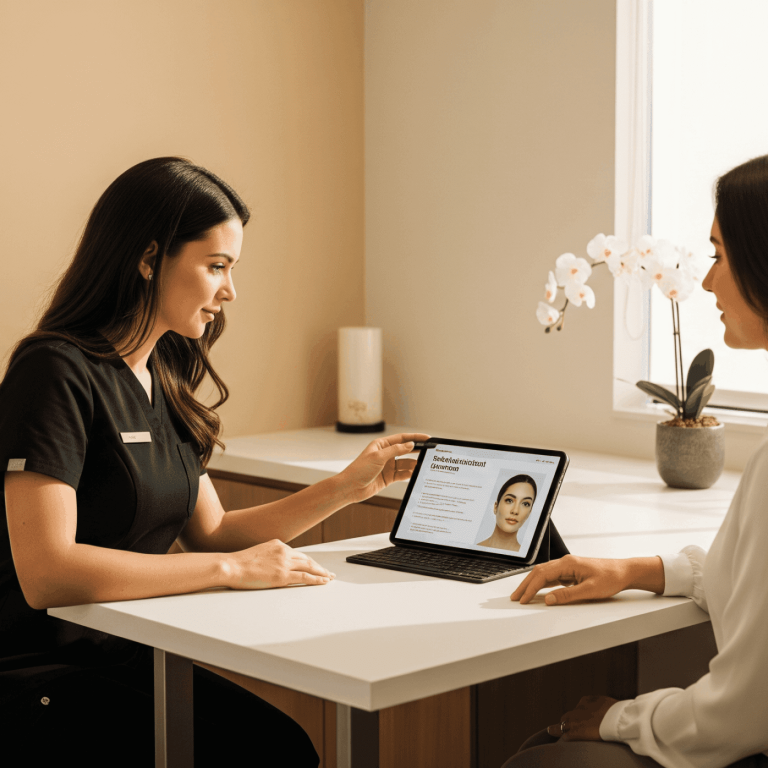 Medical spa provider reviewing treatment information on a tablet with a client