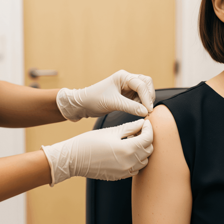 Medical professional preparing a cosmetic injectable treatment on a client’s shoulder
