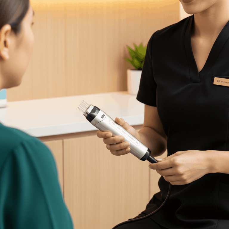 Medical spa provider showing a microneedling device to a client