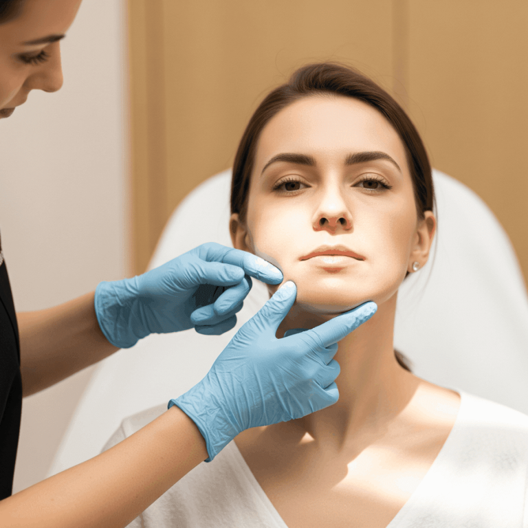 Medical spa provider evaluating a client’s facial features before treatment
