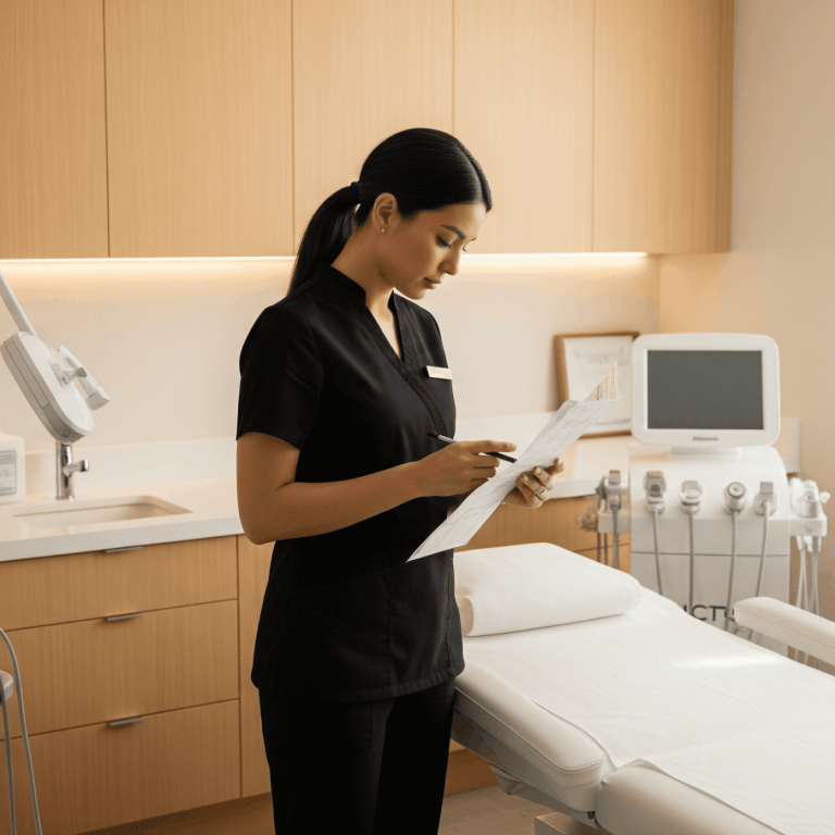 Medical spa provider reviewing client paperwork in a modern treatment room