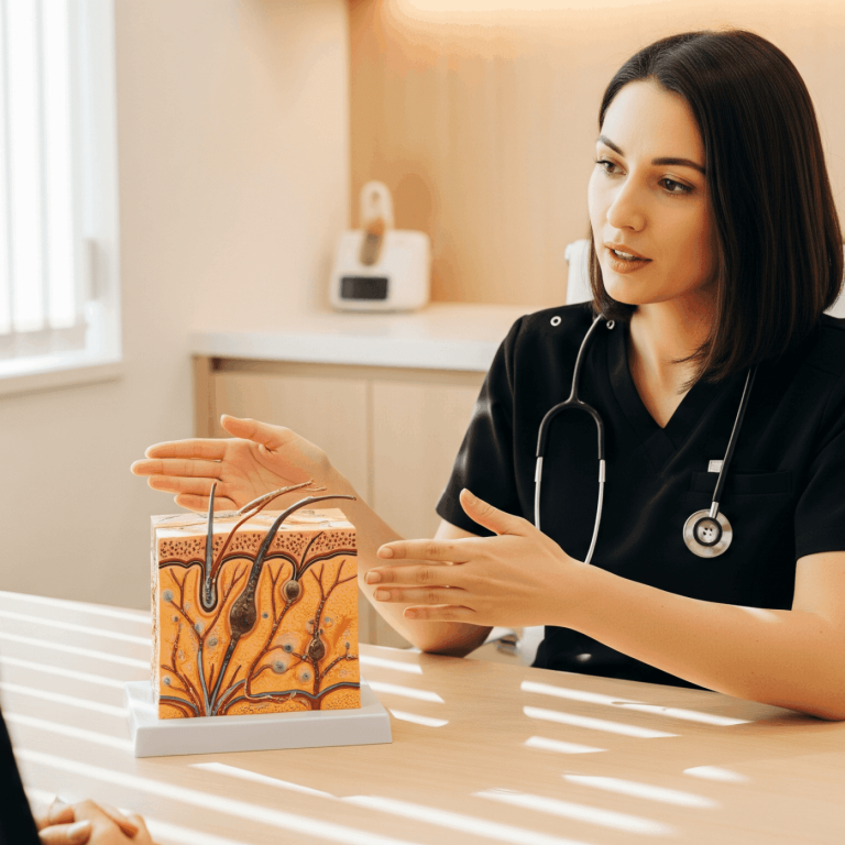 Medical spa provider explaining skin structure to a client during a consultation
