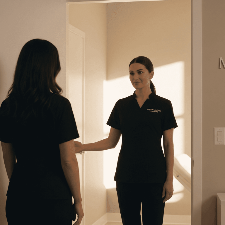 Medical spa provider welcoming a client into a private treatment room