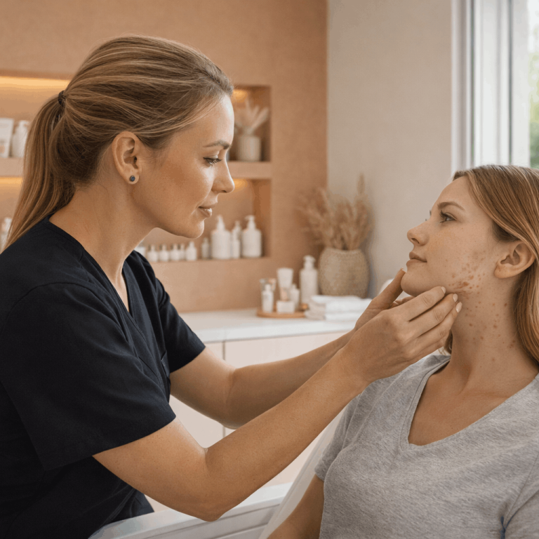 Aesthetician examining acne and skin condition of a female client during skincare evaluation.