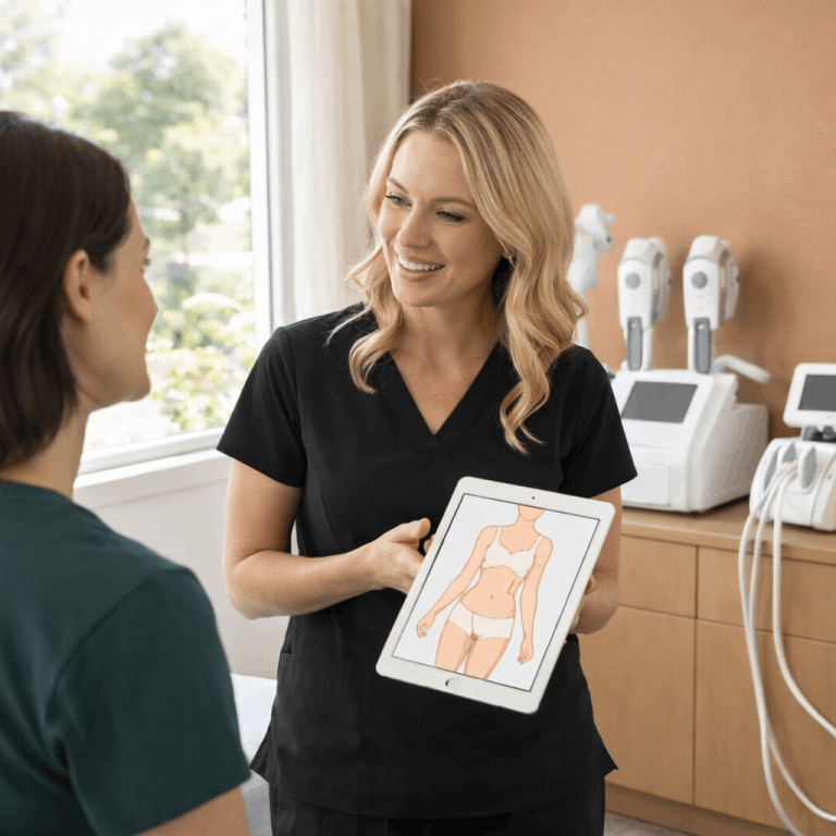 Med spa specialist explaining body contouring treatment options using a tablet.