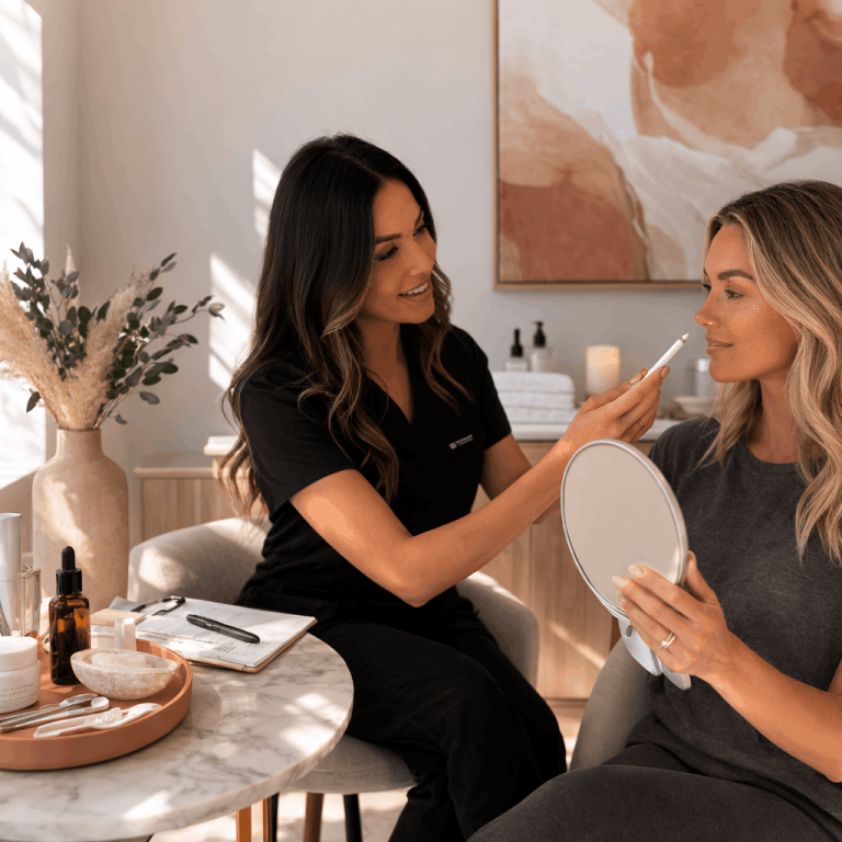 Aesthetician applying facial skincare treatment while client looks into mirror during consultation.