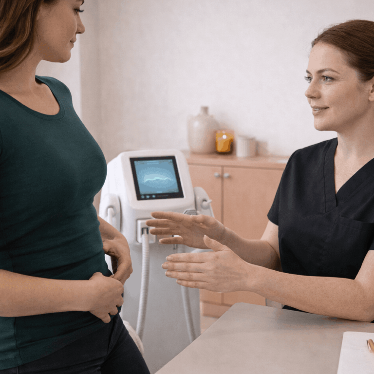 Provider discussing abdominal treatment options with patient during consultation