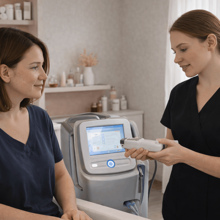 Provider holding laser treatment device while explaining procedure to patient