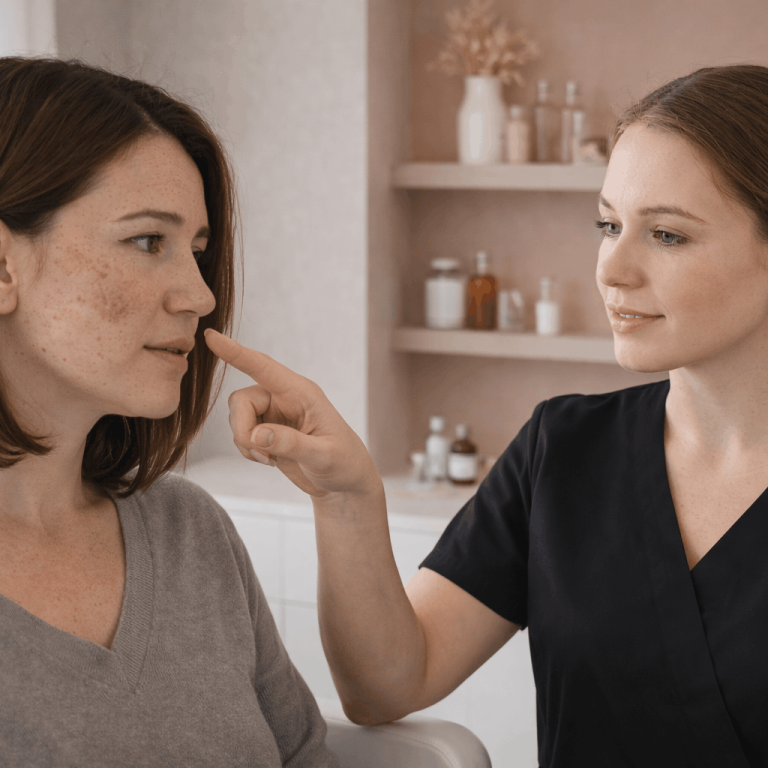 Provider pointing at patient's nose while discussing facial treatment