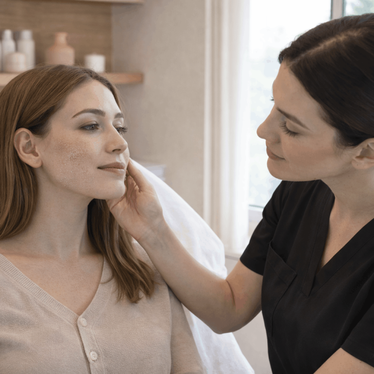 Provider examining patient's cheek skin texture during consultation