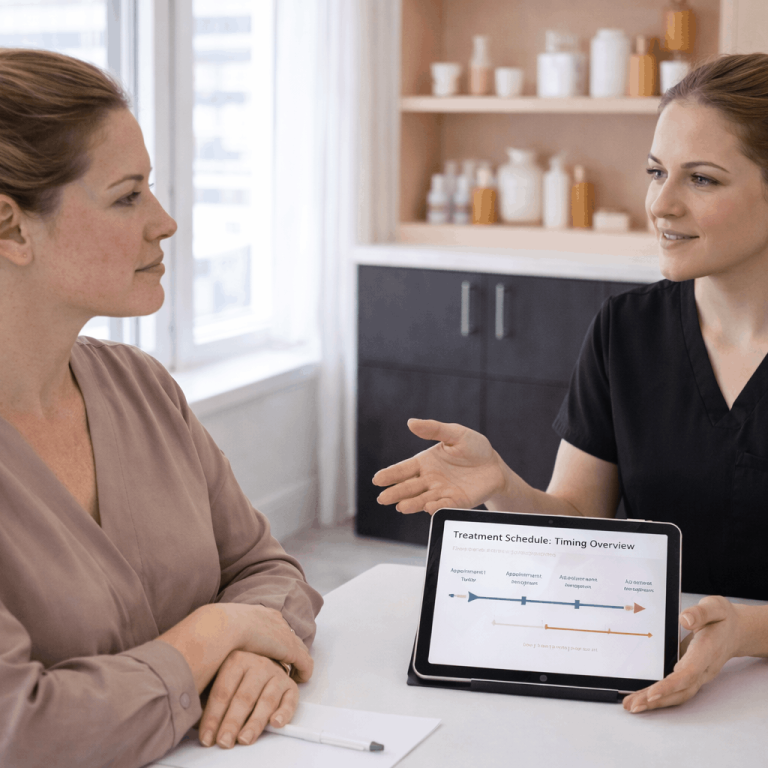 Provider showing treatment schedule timeline on tablet to patient