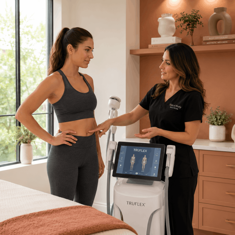 Body contouring specialist demonstrating treatment areas beside a TruFlex body sculpting machine.