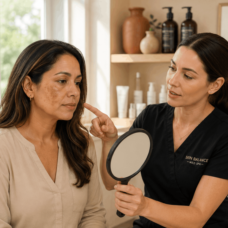 spa practitioner discussing facial pigmentation concerns with a client using a handheld mirror.