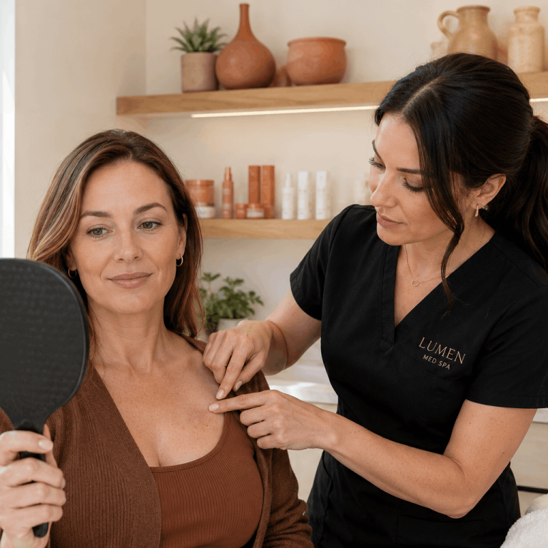 Client reviewing skin rejuvenation results in a mirror while consulting with a med spa provider.