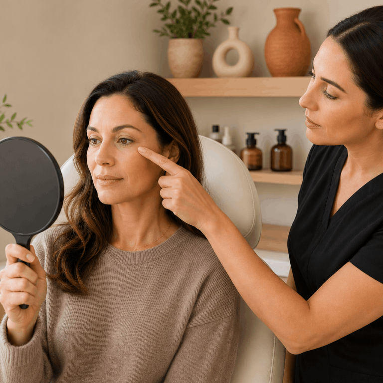 Med spa professional examining under-eye skin concerns while client holds a mirror.