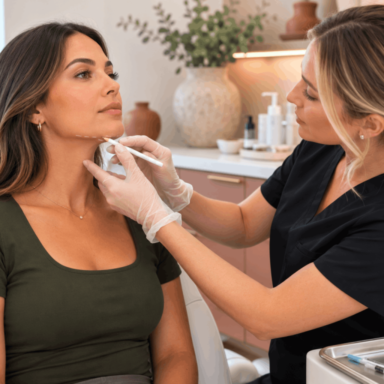 Provider marking a patient's jawline before a cosmetic injectable treatment.