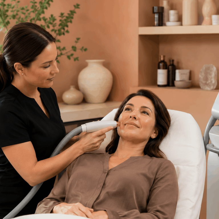 Provider performing a non-invasive skin tightening treatment on a patient's face.