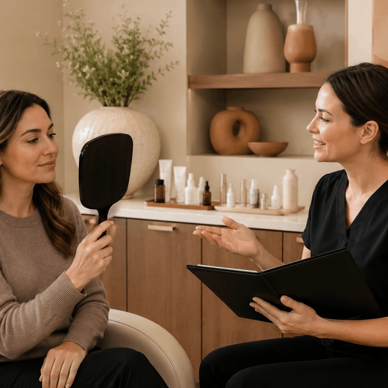 Provider reviewing treatment recommendations with a patient holding a handheld mirror.