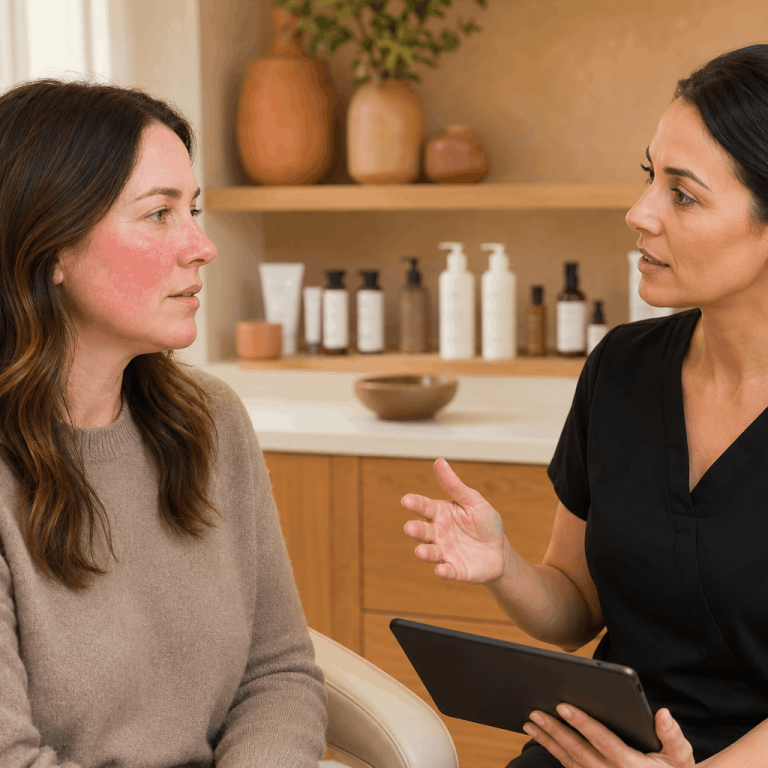 Patient with visible facial redness discussing rosacea symptoms with a skincare specialist.