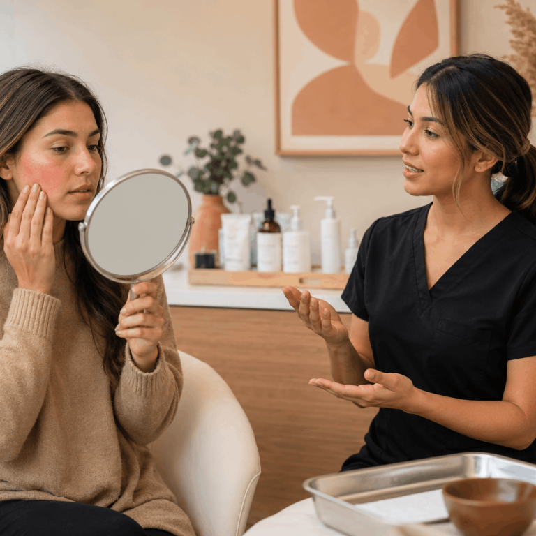 Patient examining facial skin concerns in a mirror while discussing treatment recommendations.