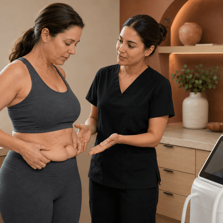 Provider evaluating loose abdominal skin following weight loss during a body contouring consultation.