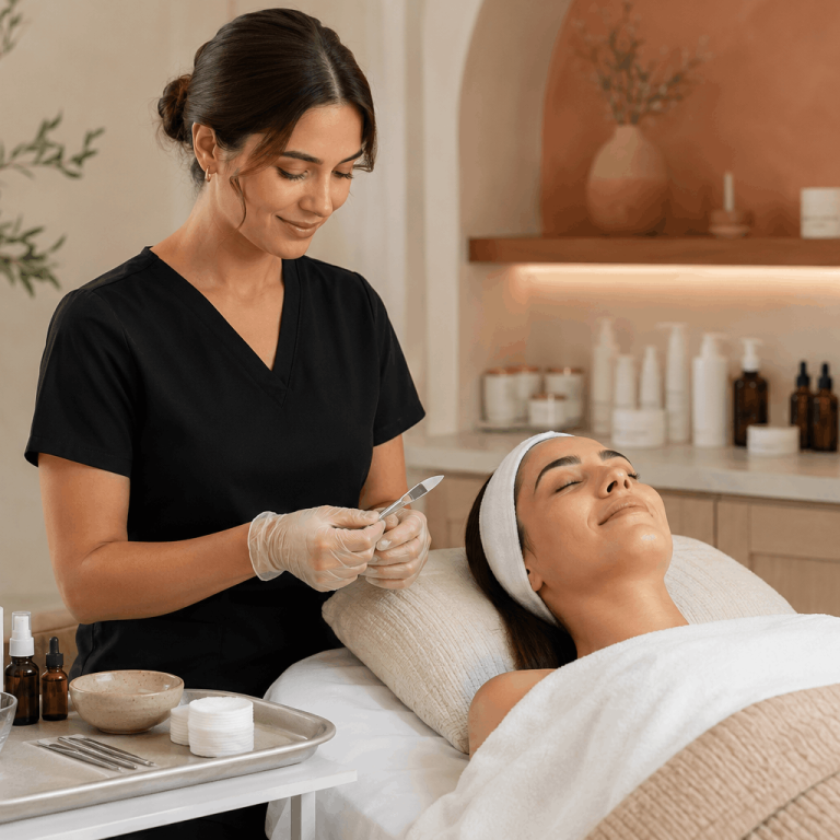 Medical aesthetician preparing for a dermaplane facial treatment in a med spa treatment room.
