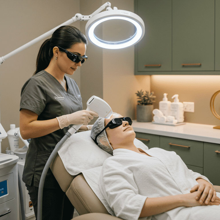 a laser technician in gray scrubs performs an advanced laser skin treatment on a client wearing protective eyewear in a sleek modern clinic