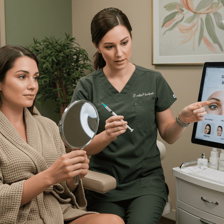 a medical professional in dark green scrubs explains under eye filler options to a client using a digital display in a medspa setting